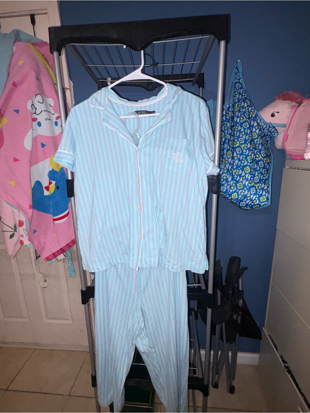 Ralph Lauren Light Blue & White Striped Short Sleeve Pajama Set